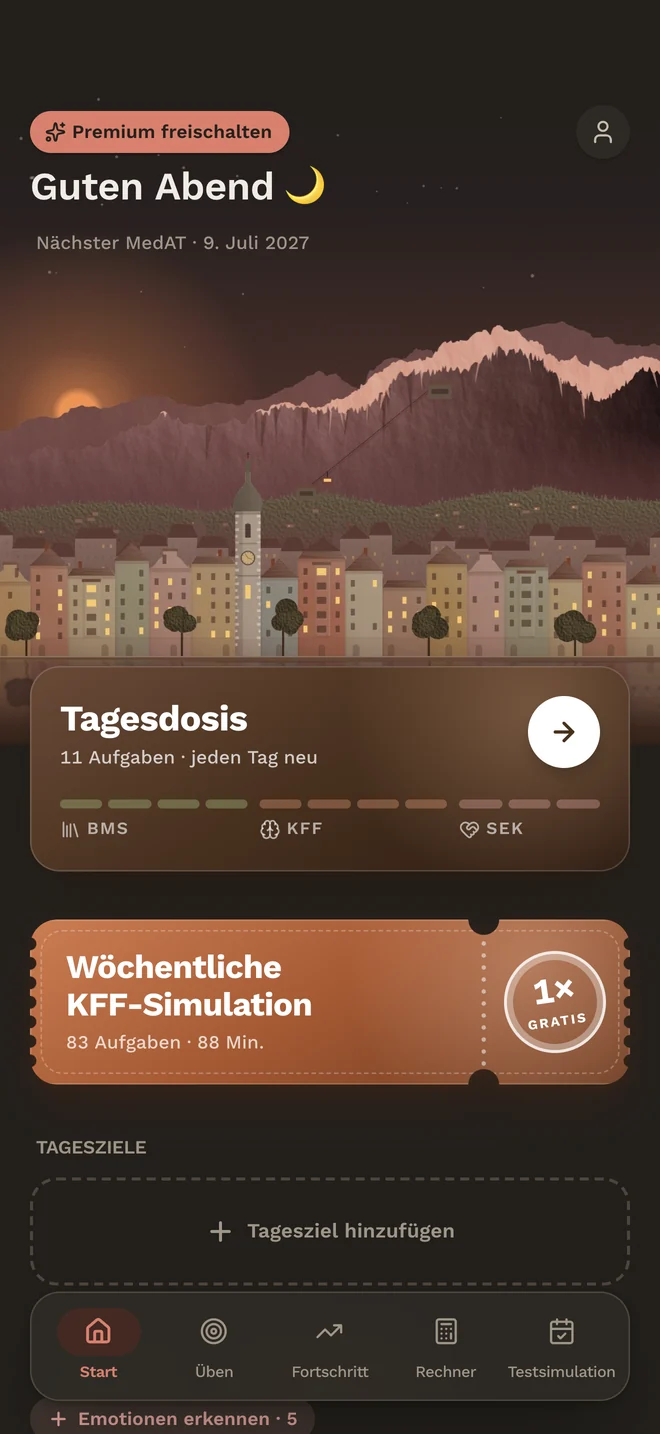 MedAT ONE App: Startbildschirm im dunklen Modus