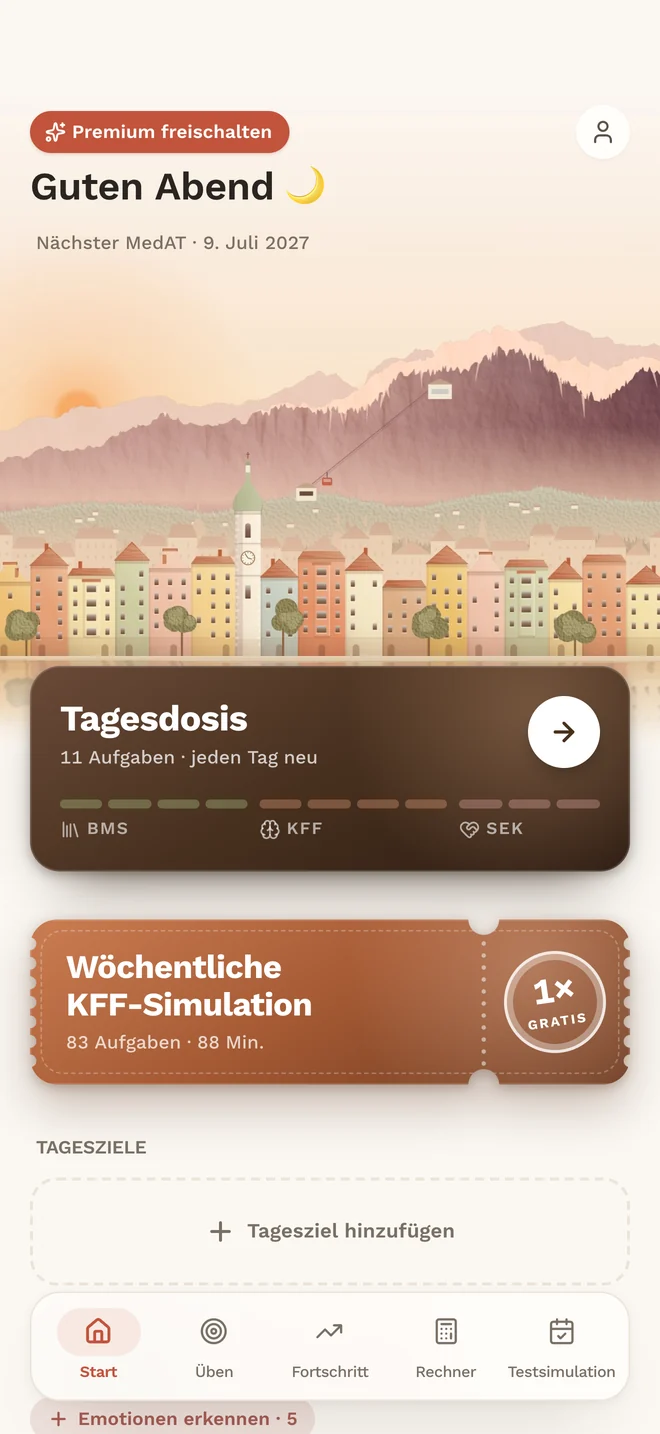 MedAT ONE App: Startbildschirm mit Countdown bis zum MedAT, Tagesdosis und KFF-Simulation