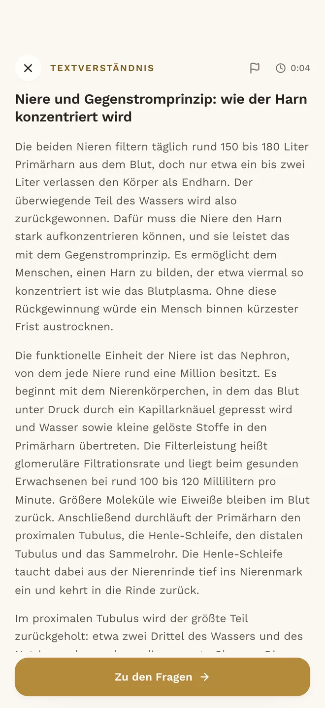 Textverständnis in der App MedAT ONE: Lesephase mit Uhr