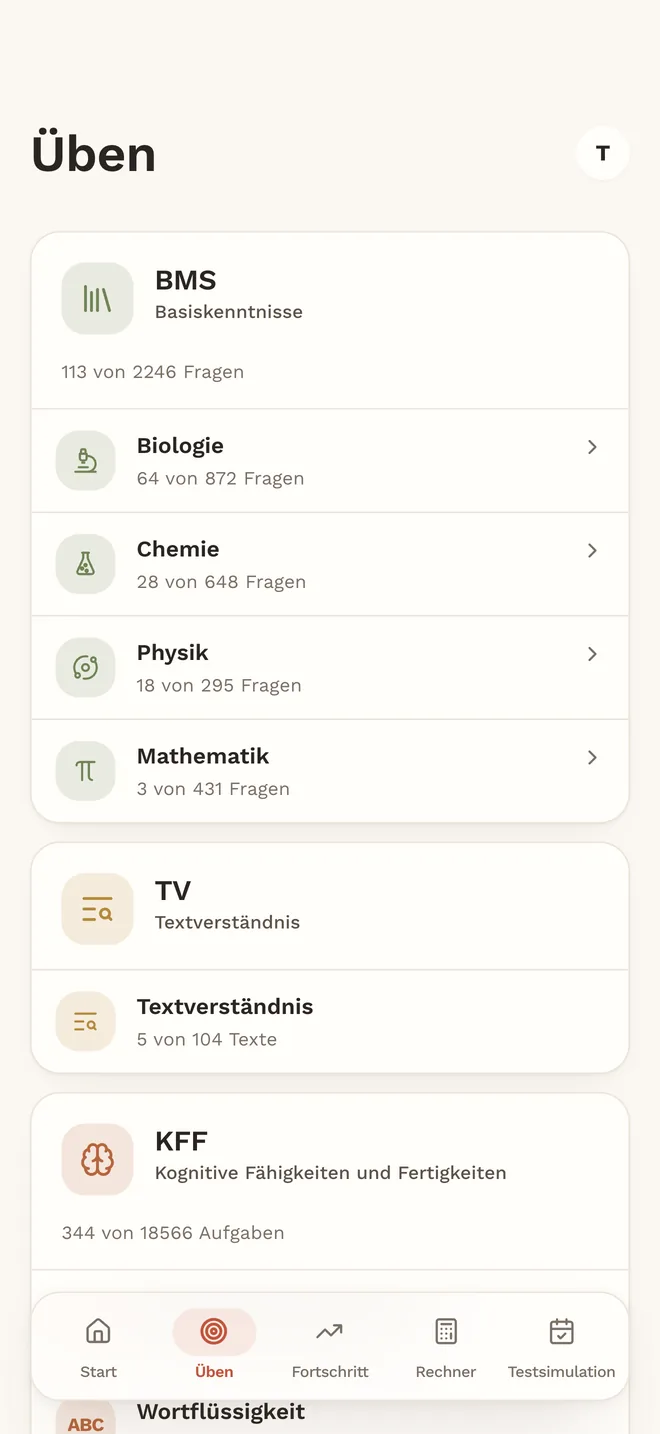 Übungsbereich der App MedAT ONE mit den Fächern im BMS